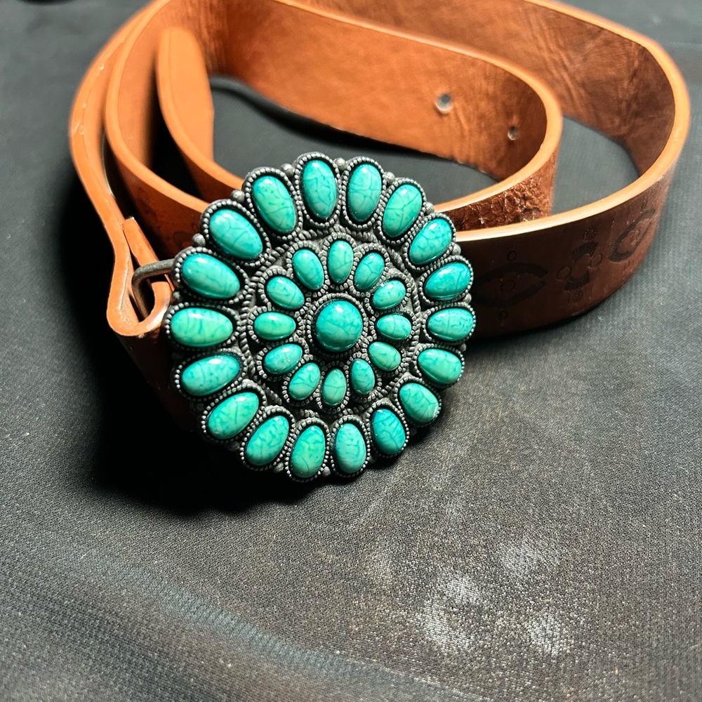 Blue and Brown Pleather  Belt with Turquoise Buckle. Unbranded - Picture 2 of 6